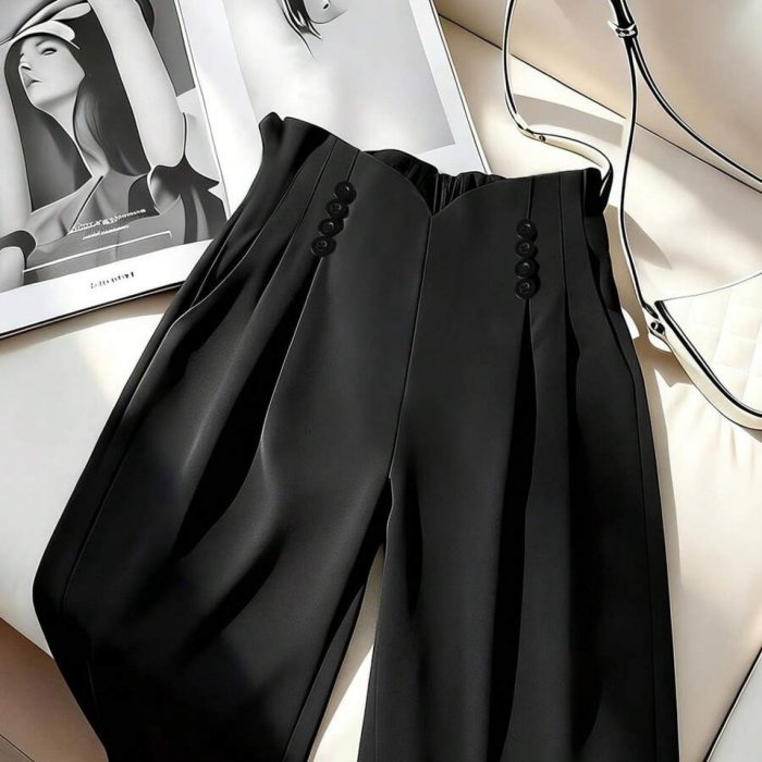 Women'S High-Waisted Buttoned Pleated Wide-Leg Pants Elegant Versatile Beautiful for Work, Dates, Parties, Daily Wear New Spring\u002FAutumn Collection
