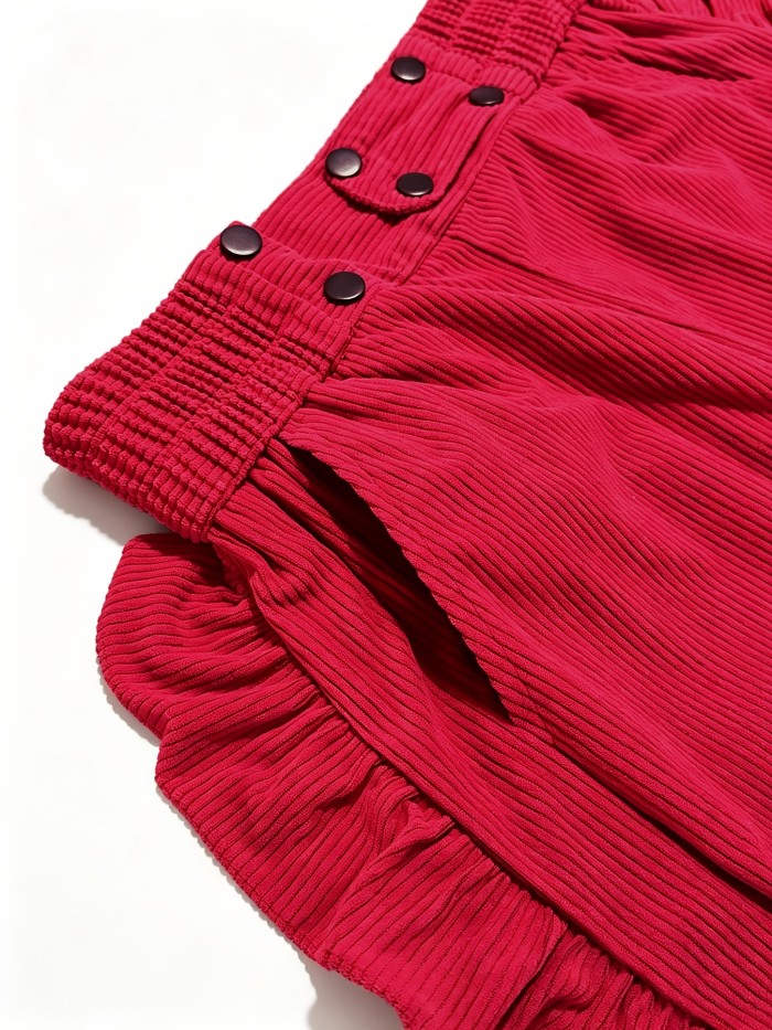 Burgundy Ruffled Wide-Leg Pants, Halloween\u002FChristmas New Arrival, High-Waist Loose Drapey Trousers