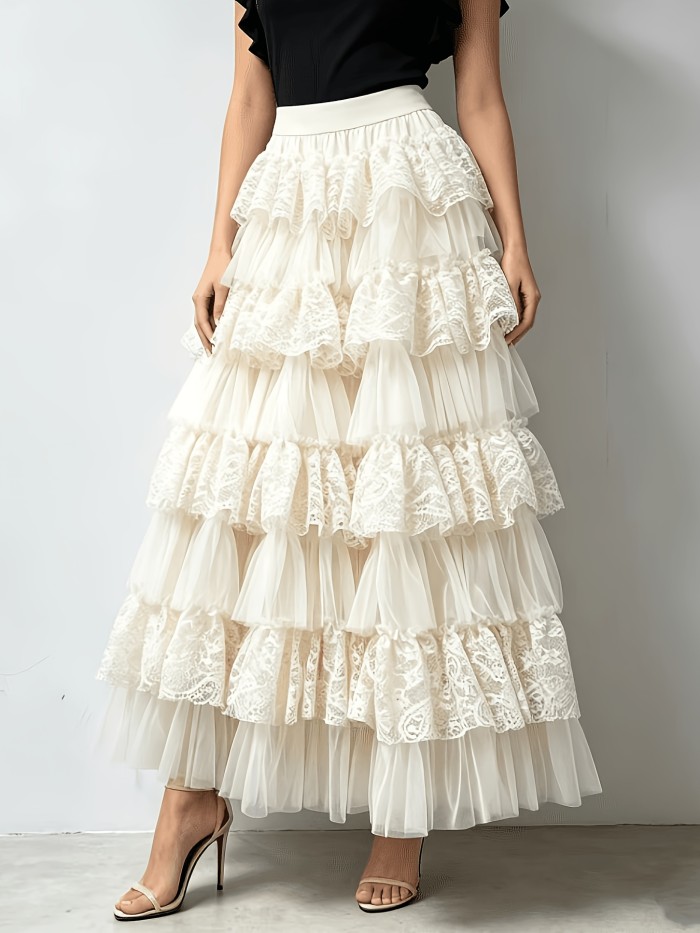 Women'S Mesh Lace Ruffled Patchwork with Lining Fashion Casual Cake Skirt