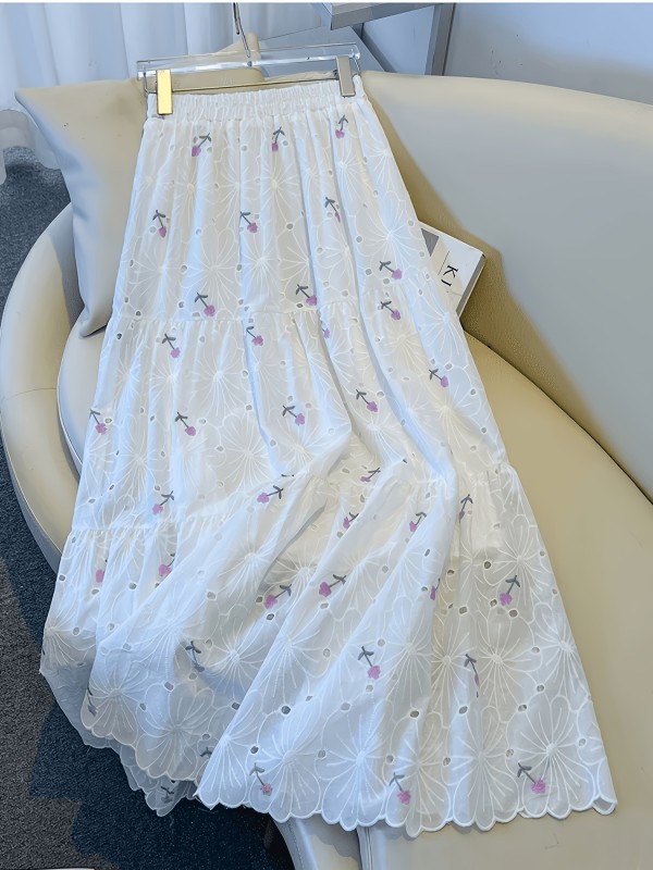 Embroidered Floral A-Line Skirt, High-Waisted, Small, Fresh and Clean Style