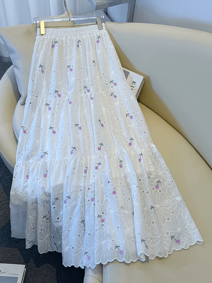 Embroidered Floral A-Line Skirt, High-Waisted, Small, Fresh and Clean Style