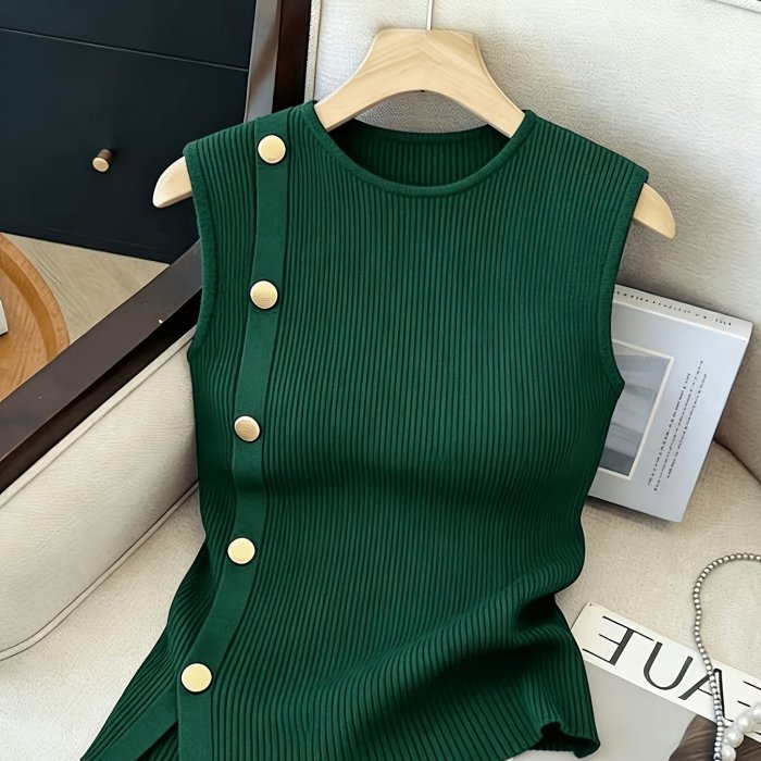 Women's Sleeveless Top with Metallic Button Accents, Simple and Elegant, Suitable for Commuting, Business Casual, and Office Wear. Perfect for Parties, New Year Gatherings, St. Patrick's Day, Easter, Summer Parties, Beach Vacations, Summer Outings