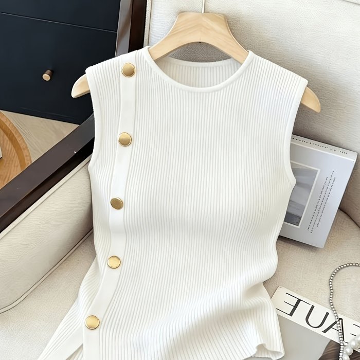 Women's Sleeveless Top with Metallic Button Accents, Simple and Elegant, Suitable for Commuting, Business Casual, and Office Wear. Perfect for Parties, New Year Gatherings, St. Patrick's Day, Easter, Summer Parties, Beach Vacations, Summer Outings