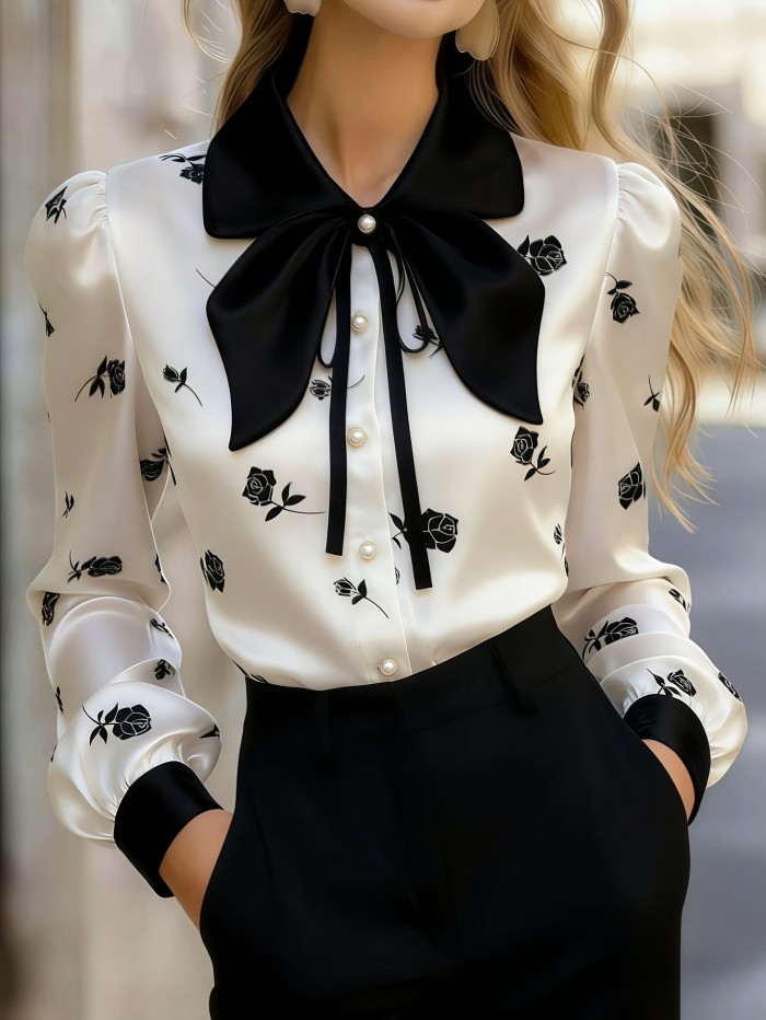 Women's Satin Rose-print Top, Long-sleeve Button-up Shirt with Bow Collar