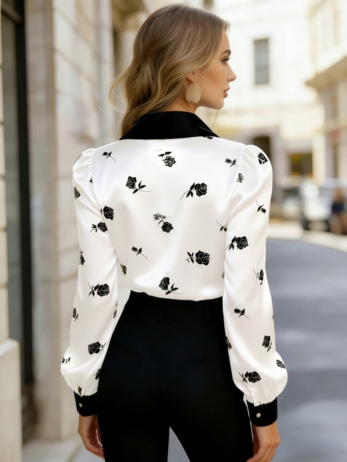 Women's Satin Rose-print Top, Long-sleeve Button-up Shirt with Bow Collar