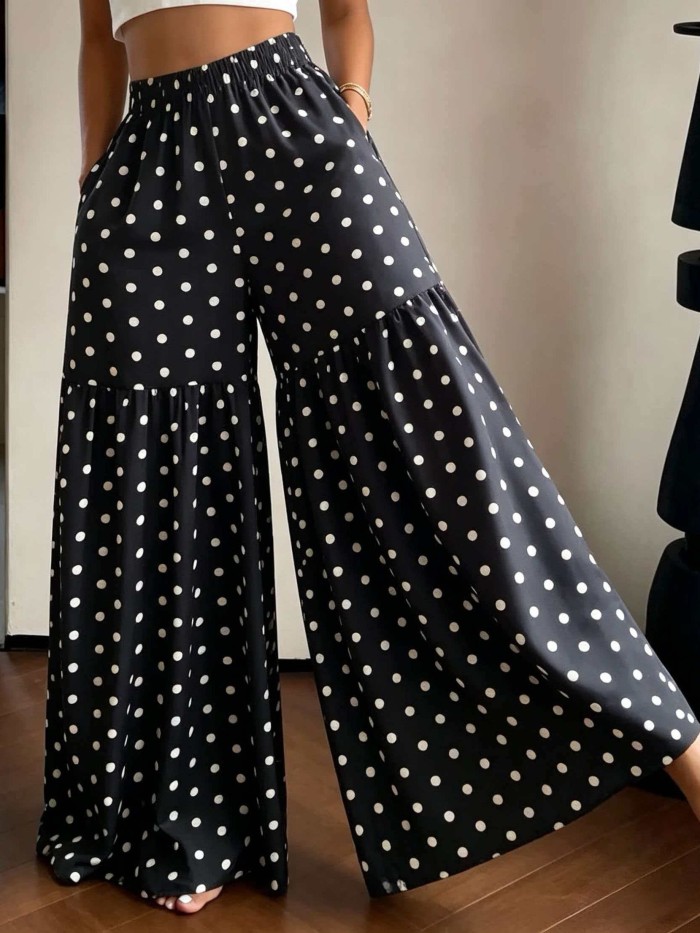 French Retro Polka Dot Wide-Leg Pants Women'S High-Waist Drapey Loose Flared Floor-Length Trousers