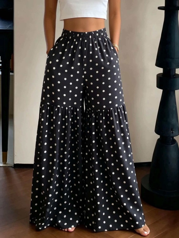 French Retro Polka Dot Wide-Leg Pants Women'S High-Waist Drapey Loose Flared Floor-Length Trousers
