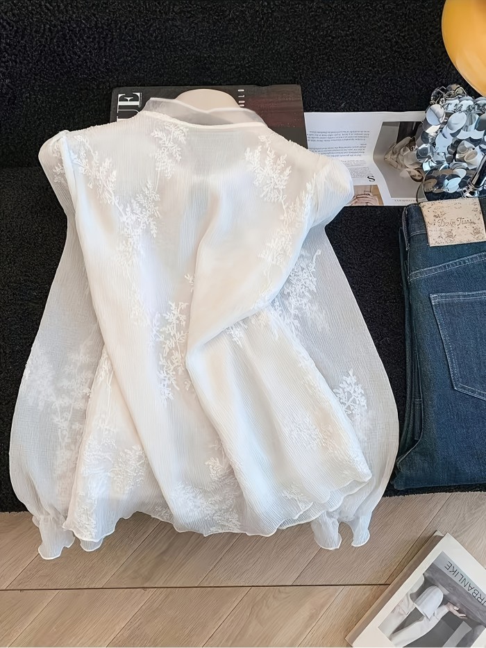 Women's French Lace Embroidered Blouse Chiffon Shirt - Semi-Sheer Ruffle Collar Top with Stand Collar, Machine Washable Spring Summer Blouse Shirt Suitable for Office, Wedding, Brunch, Casual Wear