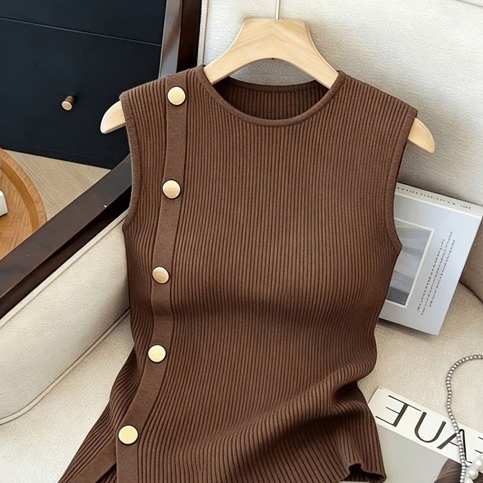 Women's Sleeveless Top with Metallic Button Accents, Simple and Elegant, Suitable for Commuting, Business Casual, and Office Wear. Perfect for Parties, New Year Gatherings, St. Patrick's Day, Easter, Summer Parties, Beach Vacations, Summer Outings