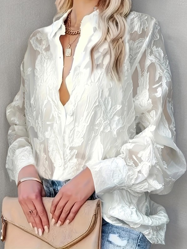 Elegant Floral Jacquard Xiao Qian Mo | Elegant Floral Jacquard | Women's Long-Sleeve Shirt
