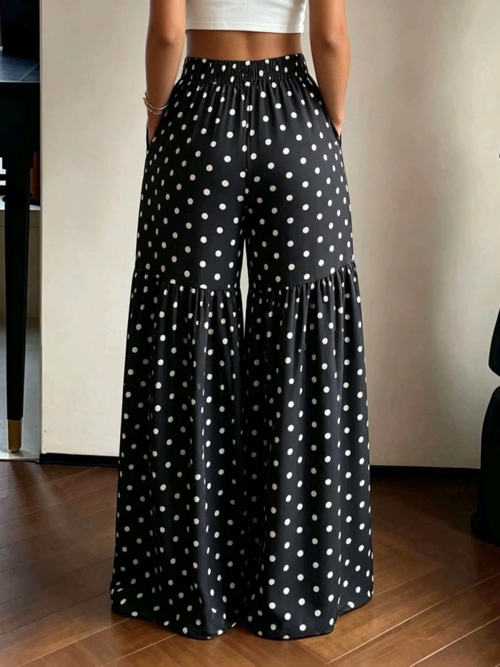 French Retro Polka Dot Wide-Leg Pants Women'S High-Waist Drapey Loose Flared Floor-Length Trousers