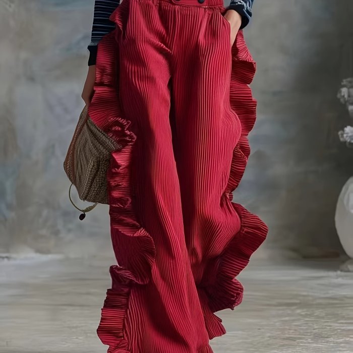 Burgundy Ruffled Wide-Leg Pants, Halloween\u002FChristmas New Arrival, High-Waist Loose Drapey Trousers