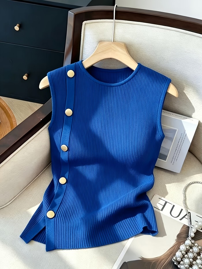 Women's Sleeveless Top with Metallic Button Accents, Simple and Elegant, Suitable for Commuting, Business Casual, and Office Wear. Perfect for Parties, New Year Gatherings, St. Patrick's Day, Easter, Summer Parties, Beach Vacations, Summer Outings