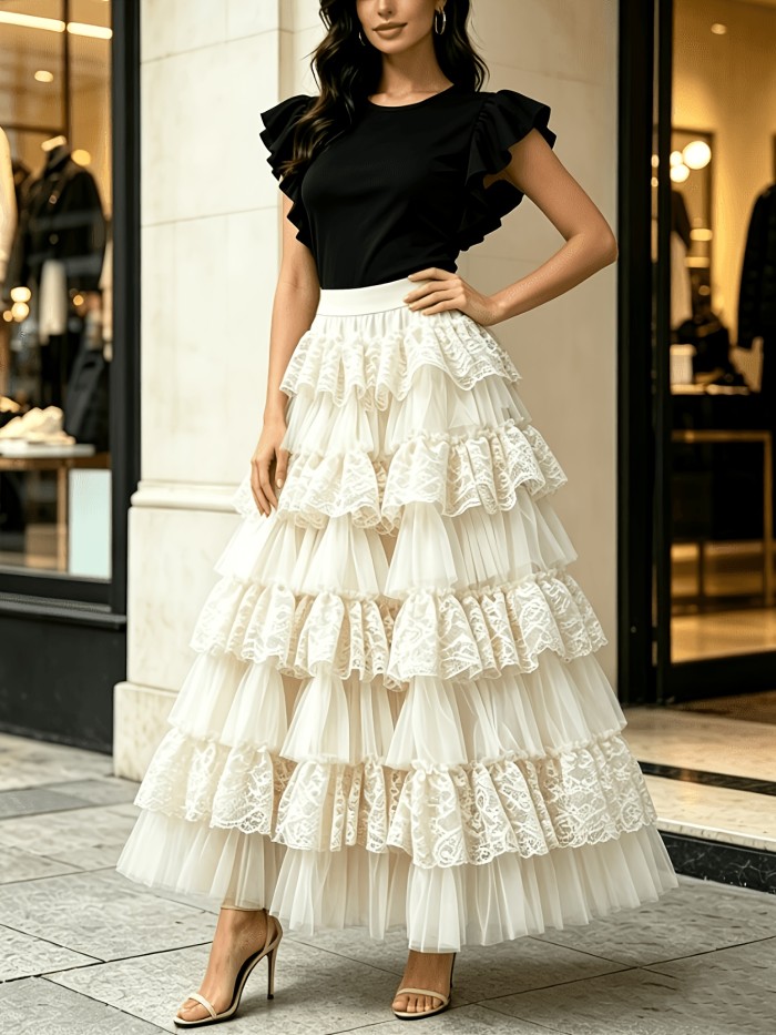 Women'S Mesh Lace Ruffled Patchwork with Lining Fashion Casual Cake Skirt
