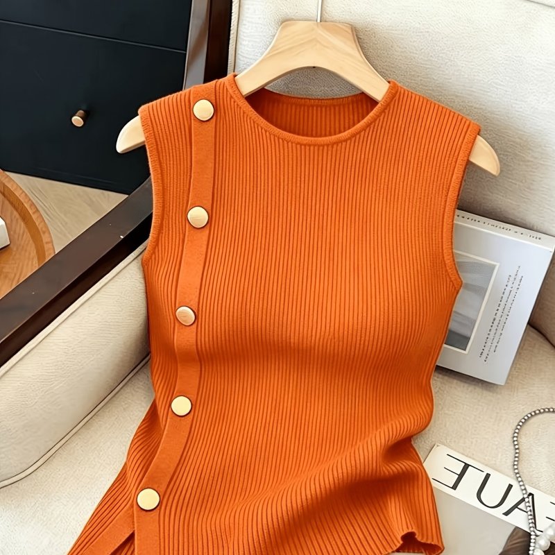 Women's Sleeveless Top with Metallic Button Accents, Simple and Elegant, Suitable for Commuting, Business Casual, and Office Wear. Perfect for Parties, New Year Gatherings, St. Patrick's Day, Easter, Summer Parties, Beach Vacations, Summer Outings