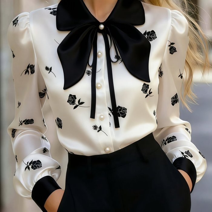 Women's Satin Rose-print Top, Long-sleeve Button-up Shirt with Bow Collar