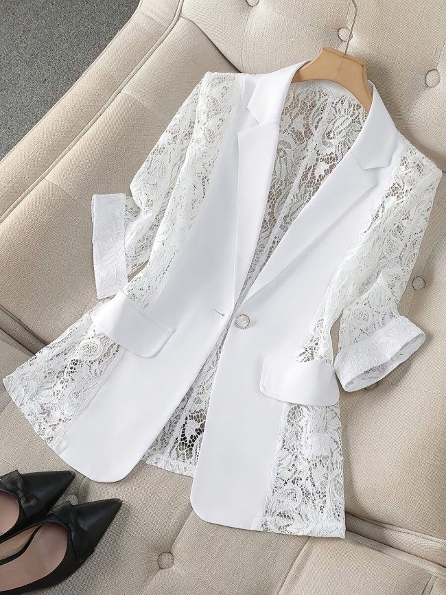 Women's Blazer, Thin Patchwork Lace Lightweight, Casual Office Wear, 3\u002F4 Sleeve