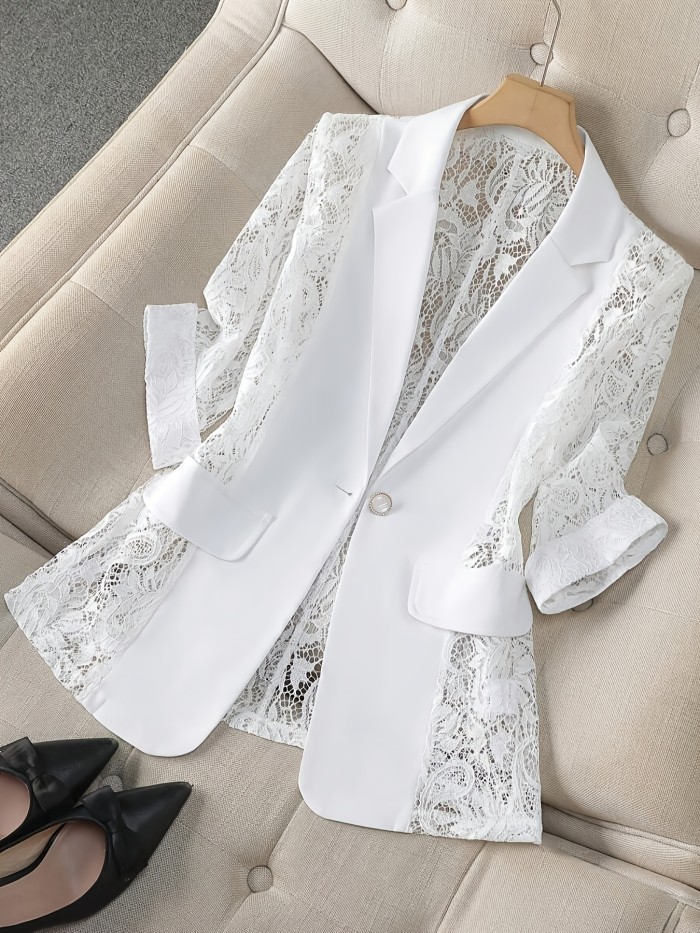 Women's Blazer, Thin Patchwork Lace Lightweight, Casual Office Wear, 3\u002F4 Sleeve