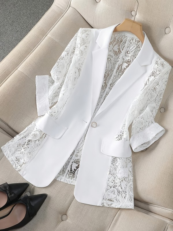 Women's Blazer, Thin Patchwork Lace Lightweight, Casual Office Wear, 3\u002F4 Sleeve