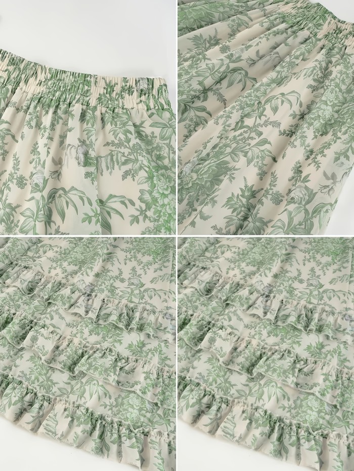Women's A-line Midi Skirt, High-waisted Elasticated Layered Ruffled Maxi Skirt, Elegant Vintage Botanical Print Pastoral-style Green Floral Maxi Dress, Vintage High-waisted Flared Skirt, Suitable for Spring, Summer, and Autumn.