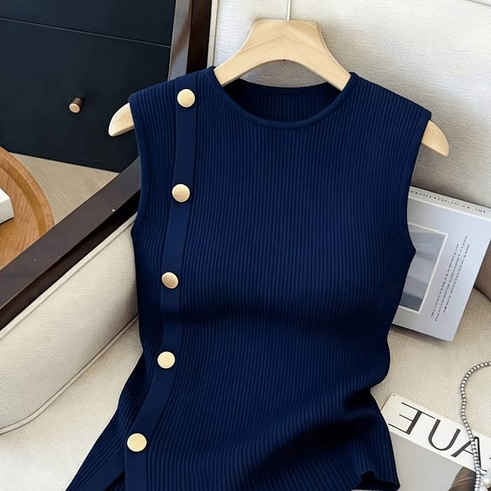 Women's Sleeveless Top with Metallic Button Accents, Simple and Elegant, Suitable for Commuting, Business Casual, and Office Wear. Perfect for Parties, New Year Gatherings, St. Patrick's Day, Easter, Summer Parties, Beach Vacations, Summer Outings