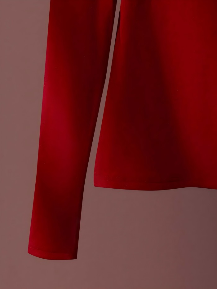 Women's Elegant Bow Accent Slim-Fit long-Sleeve T-Shirt - Solid Color Medium-Stretch Bowknot Top, Machine Washable Winter Blouse for Office, Christmas Party & Fall\u002FWinter Wardrobe - Non- Smooth Base