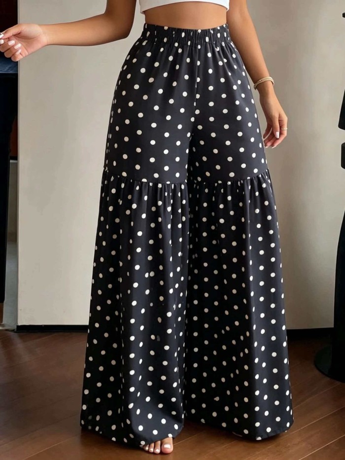 French Retro Polka Dot Wide-Leg Pants Women'S High-Waist Drapey Loose Flared Floor-Length Trousers