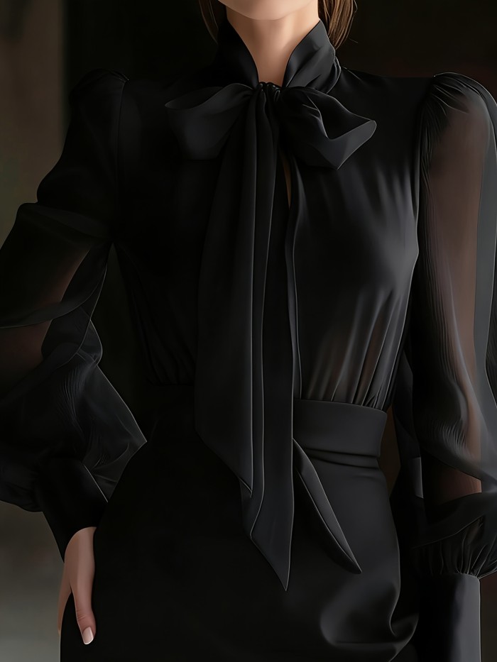 New Elegant High-Quality Women'S Chiffon Shirt with Mesh Sleeves And a Tie Design at The Neckline, Perfect for Commuting