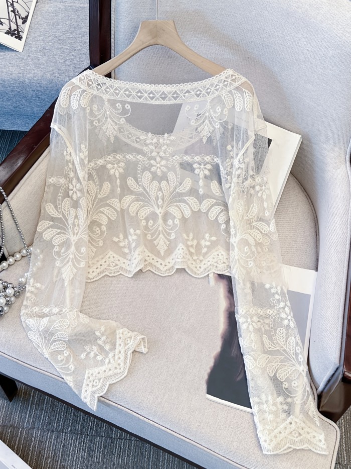 Long Sleeve Short Sheer Sexy Top Women'S Spring Autumn Short Outerwear Hollow Out Cover-Up Top