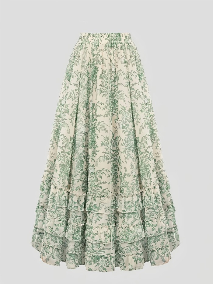 Women's A-line Midi Skirt, High-waisted Elasticated Layered Ruffled Maxi Skirt, Elegant Vintage Botanical Print Pastoral-style Green Floral Maxi Dress, Vintage High-waisted Flared Skirt, Suitable for Spring, Summer, and Autumn.