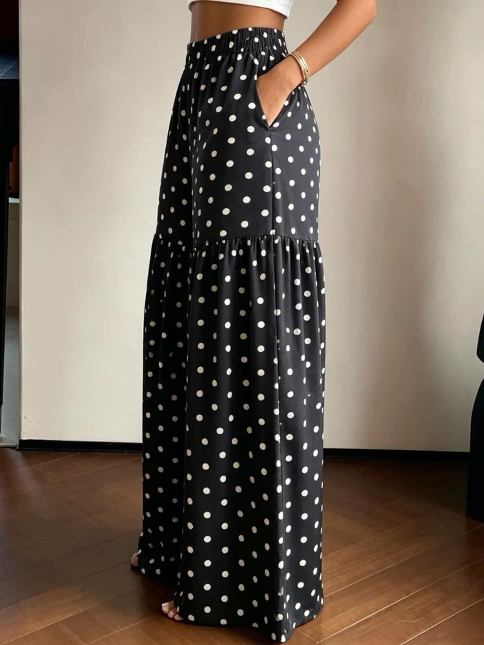 French Retro Polka Dot Wide-Leg Pants Women'S High-Waist Drapey Loose Flared Floor-Length Trousers