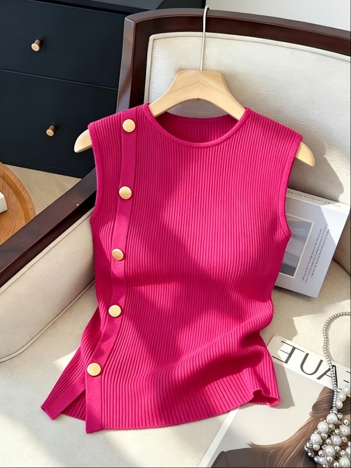 Women's Sleeveless Top with Metallic Button Accents, Simple and Elegant, Suitable for Commuting, Business Casual, and Office Wear. Perfect for Parties, New Year Gatherings, St. Patrick's Day, Easter, Summer Parties, Beach Vacations, Summer Outings