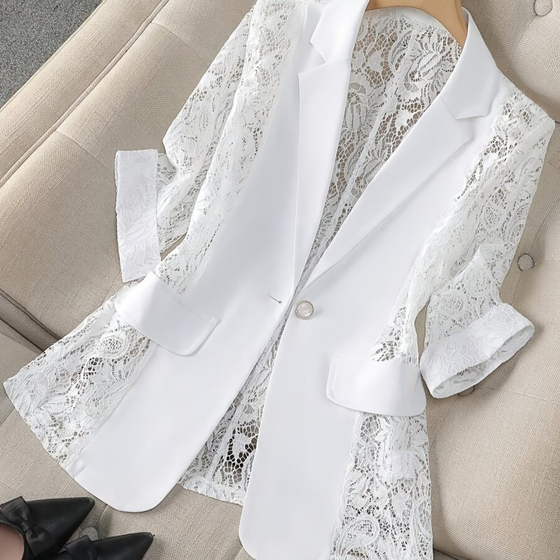 Women's Blazer, Thin Patchwork Lace Lightweight, Casual Office Wear, 3\u002F4 Sleeve