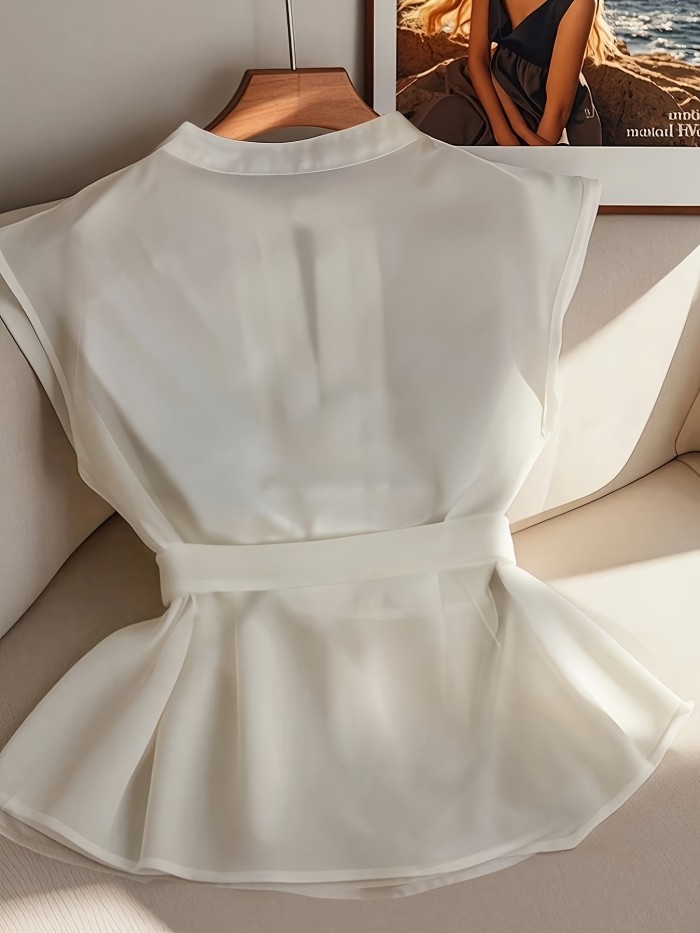 Women'S Summer Sleeveless Ruffled Tie-Detail Casual Commuter Shirt