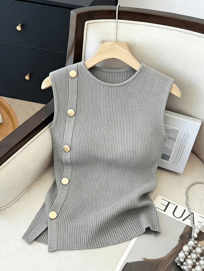 Women's Sleeveless Top with Metallic Button Accents, Simple and Elegant, Suitable for Commuting, Business Casual, and Office Wear. Perfect for Parties, New Year Gatherings, St. Patrick's Day, Easter, Summer Parties, Beach Vacations, Summer Outings