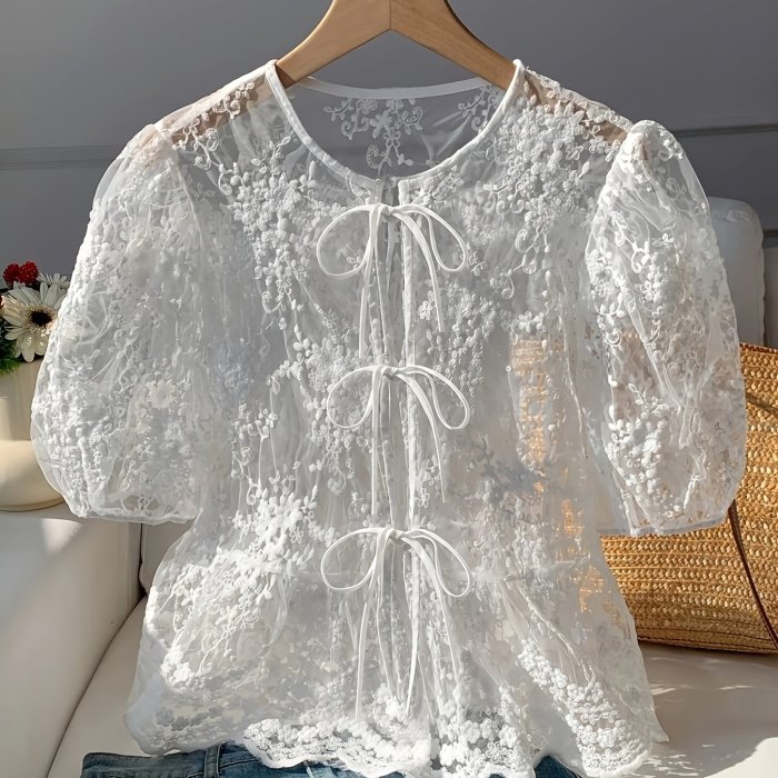 Women's Embroidered Blouse Elegant Party Women's Blouse - Girly Style Pretty Top - White Cut-Out Embroidered Shirt - Sheer Front Open Placket Round Neck Bow Tie Lacing Short Sleeve Top - Beautiful Youthful Fashionable Casual Shirt