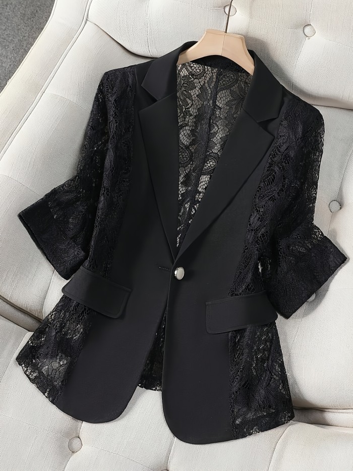 Women's Blazer, Thin Patchwork Lace Lightweight, Casual Office Wear, 3\u002F4 Sleeve