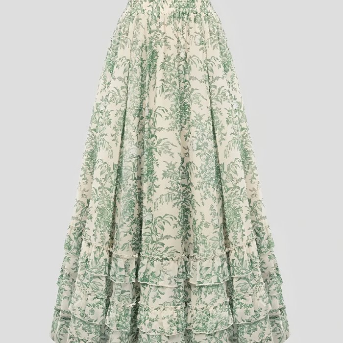 Women's A-line Midi Skirt, High-waisted Elasticated Layered Ruffled Maxi Skirt, Elegant Vintage Botanical Print Pastoral-style Green Floral Maxi Dress, Vintage High-waisted Flared Skirt, Suitable for Spring, Summer, and Autumn.