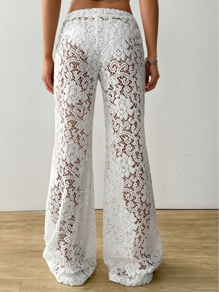 Wilderness Orienteering\u002FVacation Style Textured Lace Hollow Loose Solid Color Casual Pants\u002FHot Sexy High Waist Versatile Straight Leg Long Pants