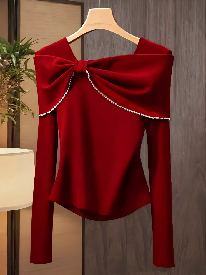 Women's Elegant Bow Accent Slim-Fit long-Sleeve T-Shirt - Solid Color Medium-Stretch Bowknot Top, Machine Washable Winter Blouse for Office, Christmas Party & Fall\u002FWinter Wardrobe - Non- Smooth Base