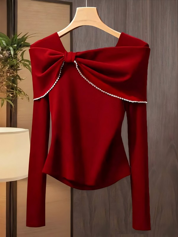 Women's Elegant Bow Accent Slim-Fit long-Sleeve T-Shirt - Solid Color Medium-Stretch Bowknot Top, Machine Washable Winter Blouse for Office, Christmas Party & Fall\u002FWinter Wardrobe - Non- Smooth Base