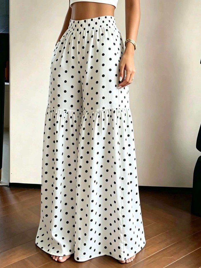 French Retro Polka Dot Wide-Leg Pants Women'S High-Waist Drapey Loose Flared Floor-Length Trousers