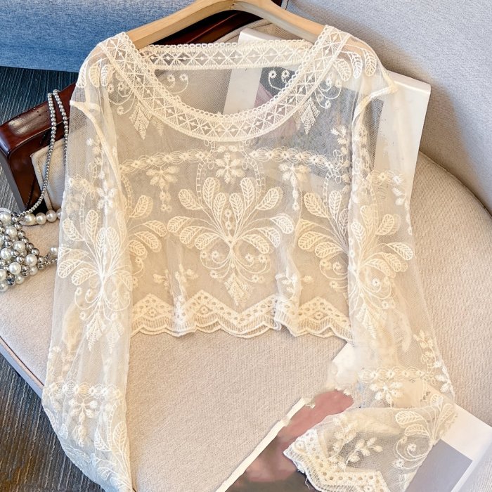 Long Sleeve Short Sheer Sexy Top Women'S Spring Autumn Short Outerwear Hollow Out Cover-Up Top