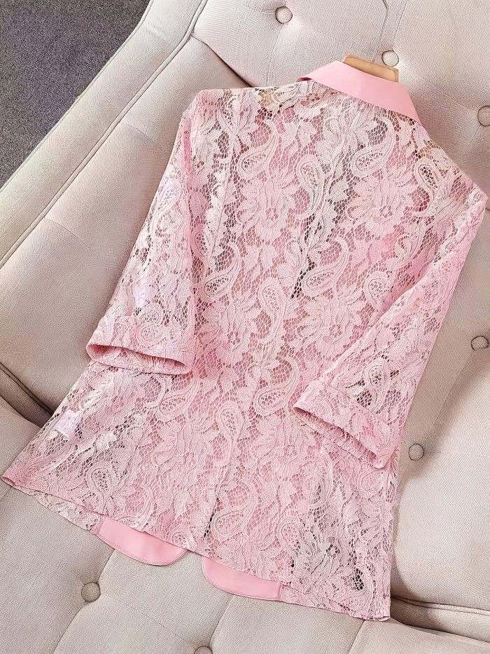Women's Blazer, Thin Patchwork Lace Lightweight, Casual Office Wear, 3\u002F4 Sleeve