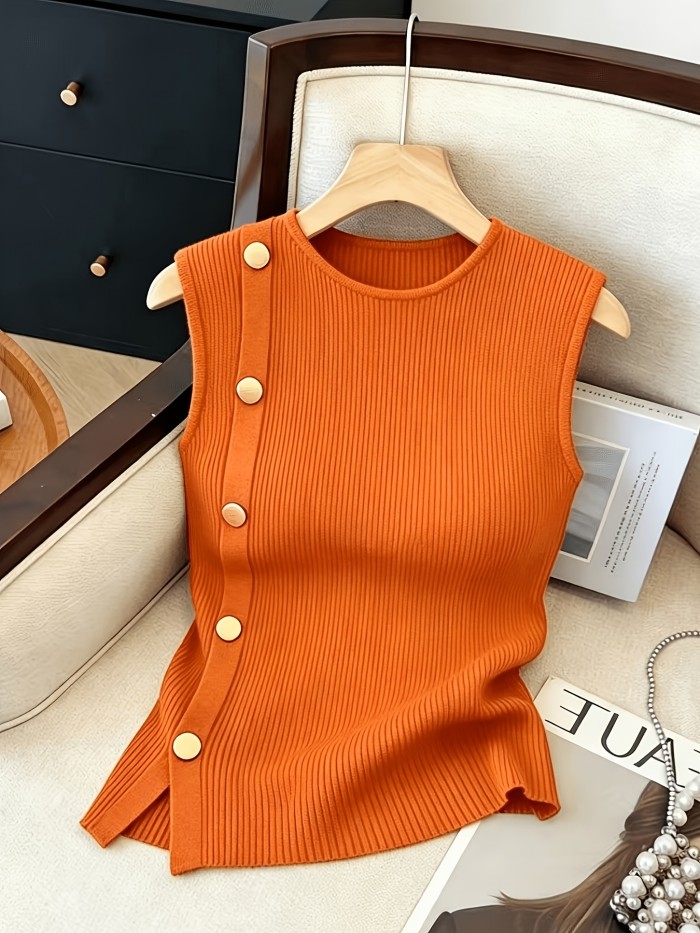 Women's Sleeveless Top with Metallic Button Accents, Simple and Elegant, Suitable for Commuting, Business Casual, and Office Wear. Perfect for Parties, New Year Gatherings, St. Patrick's Day, Easter, Summer Parties, Beach Vacations, Summer Outings
