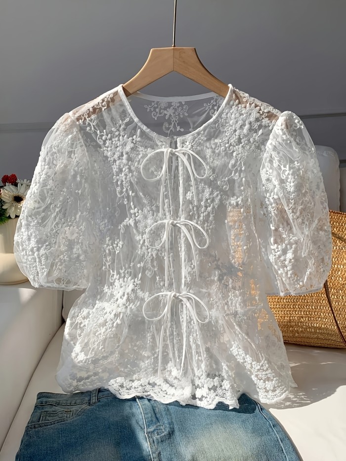 Women's Embroidered Blouse Elegant Party Women's Blouse - Girly Style Pretty Top - White Cut-Out Embroidered Shirt - Sheer Front Open Placket Round Neck Bow Tie Lacing Short Sleeve Top - Beautiful Youthful Fashionable Casual Shirt