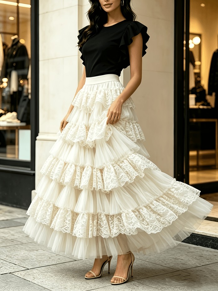 Women'S Mesh Lace Ruffled Patchwork with Lining Fashion Casual Cake Skirt