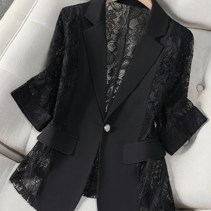Women's Blazer, Thin Patchwork Lace Lightweight, Casual Office Wear, 3\u002F4 Sleeve
