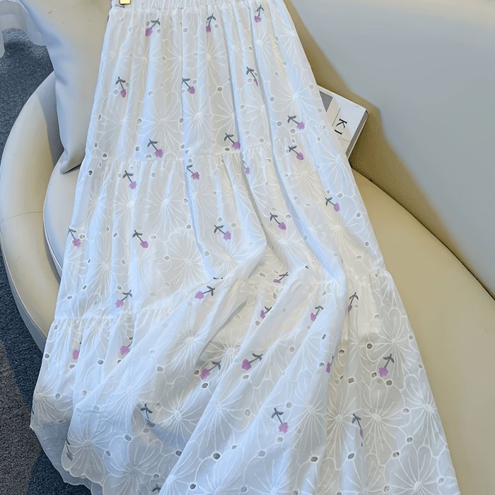 Embroidered Floral A-Line Skirt, High-Waisted, Small, Fresh and Clean Style
