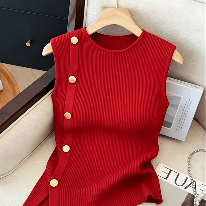Women's Sleeveless Top with Metallic Button Accents, Simple and Elegant, Suitable for Commuting, Business Casual, and Office Wear. Perfect for Parties, New Year Gatherings, St. Patrick's Day, Easter, Summer Parties, Beach Vacations, Summer Outings